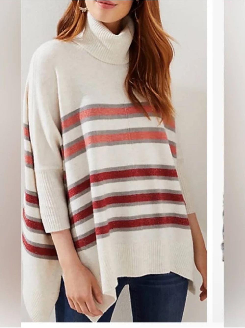 Loft Cream Turtleneck Stripe Poncho Sweater - Women's